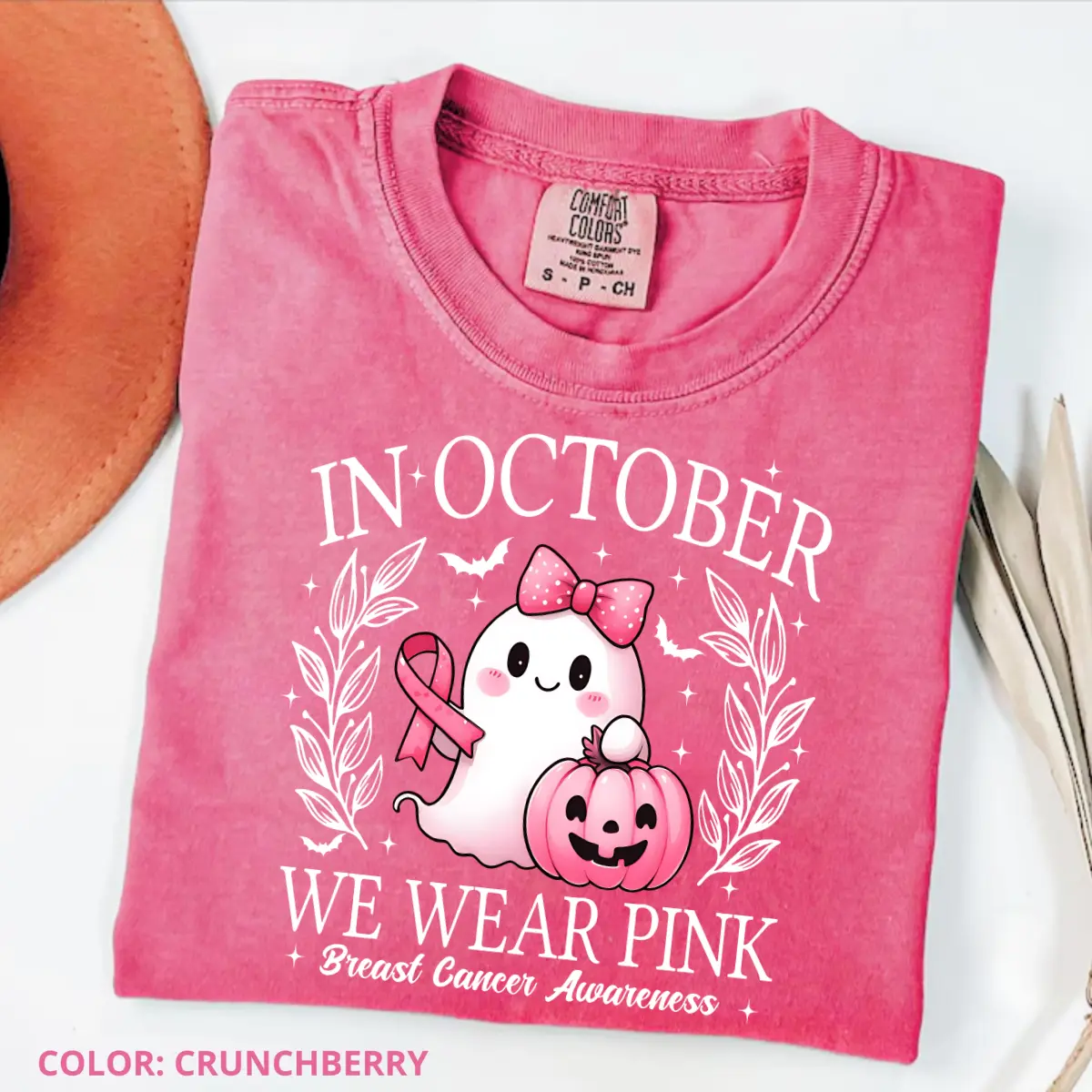Comfort Colors In October We Wear Pink Ghost tshirt, Breast Cancer Awareness Halloween Shirt, Pink Ribbon Tee, Support Gift for Women, Top Fabric