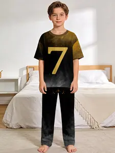 Star Mang No.7 2-Piece Boys' Digital Printed Short-Sleeve Pajamas with Extended Sleep Pants, Stylish, Trendy, Casual, Comfortable and Soft Pajama Set, Suitable for Boys' Sleep and Home Leisure, a Perfect Gift for Boys