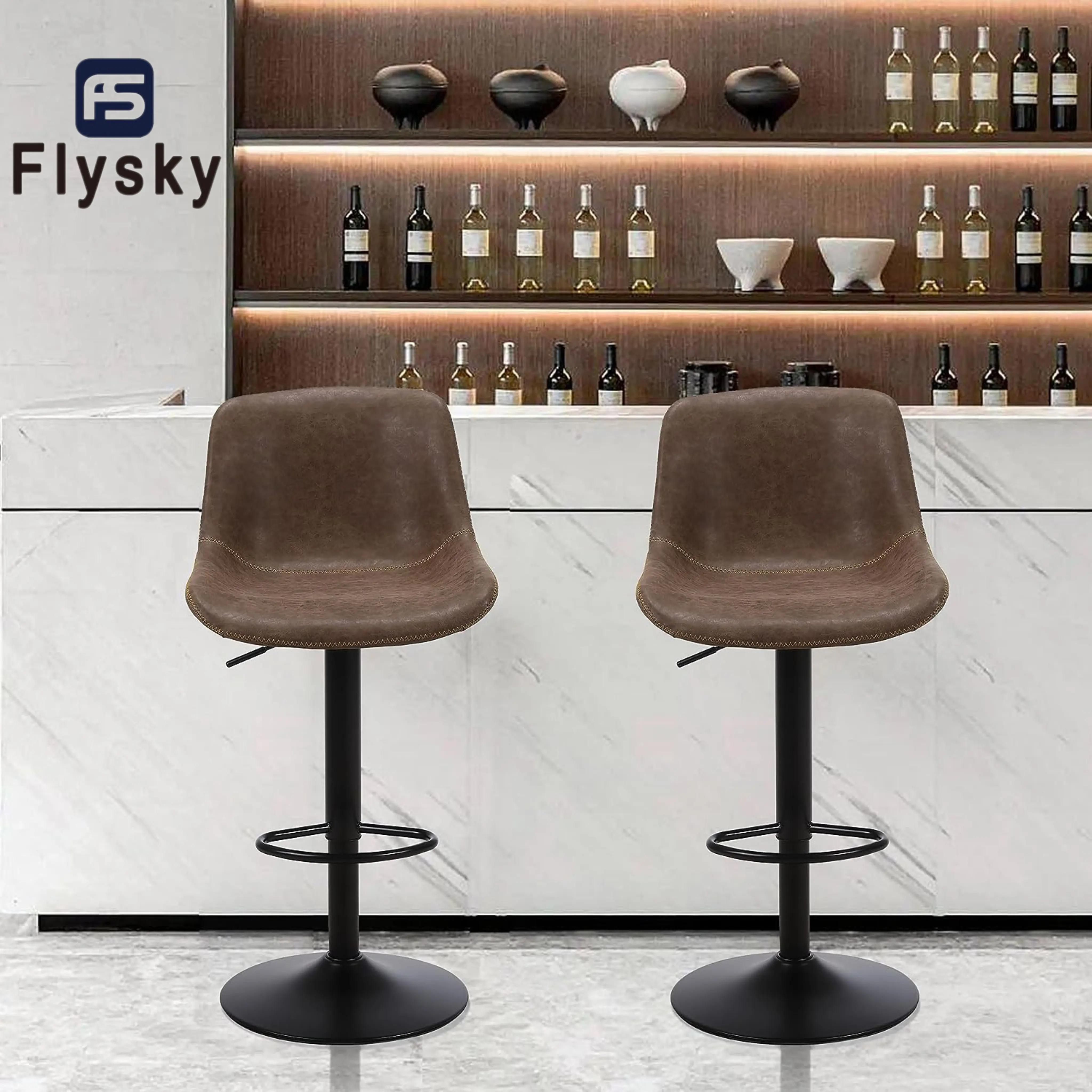 FlySky Modern Upholstery Barstools Set - Waterproof PU Leather Armless Adjustable Home Bar Chairs, 360-Degree Swivel Counter Height Furniture with Round Base for Kitchen Island