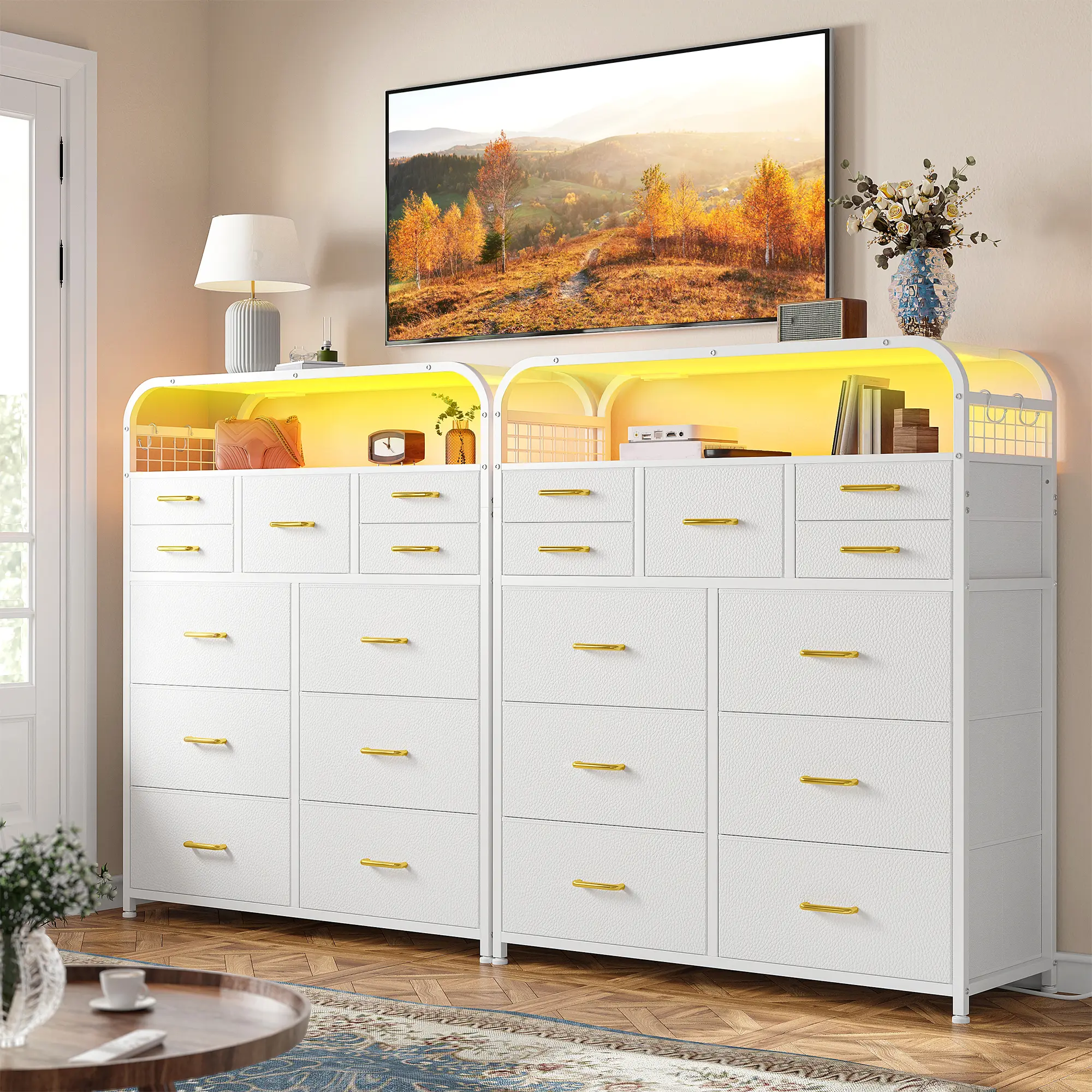 Raybee 11 Drawers Dresser with LED Lights & Charging Station, Tall Dresser for Bedroom Living Room with 2 Tier Wooden Shelves, 4 Hooks, Closet Storage
