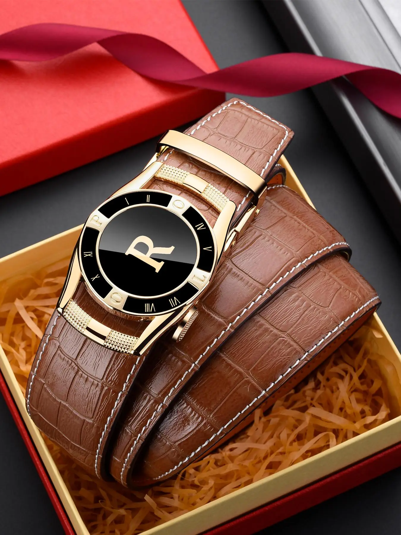 Automatic Buckle Crocodile Embossed Belt for Men, Luxury Men Belts, Designer Belt Business Casual Waistband for Work Office, Fashion All-match Back T