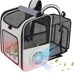 Backpack Carrier with Cooling Fan & Heating Pad, Expandable & Breathable Pet Backpack for Cats & Small Dogs, Travel Carrier for Hiking, Vet Visits, Grey
