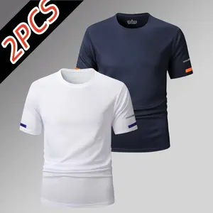 2-pack men’s quick-dry short-sleeve athletic T-shirts, breathable mesh fabric for summer, crew neck slim fit, non-cling feel, contrasting sleeve cuffs design—versatile tops for everyday running and workouts
