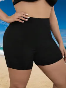 Women's Plus Size Briefs Five-Point Pants, Sporty Fitted Swimwear Bottoms, Above the Knee Plain Pattern, All Seasons, Solid Swim Shorts