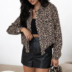 NewWomen’s Dark Khaki Leopard Print Irregular Hem Button Front Jacket