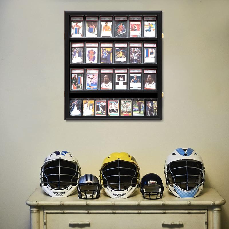 IHEIPYE Baseball Card Display Case 24 Graded Sport Card Display Case Vertical Wall Mount with Clear View and UV Protection Acrylic Door for Baseball Football Basketball Hockey Trading Card Collection, Black