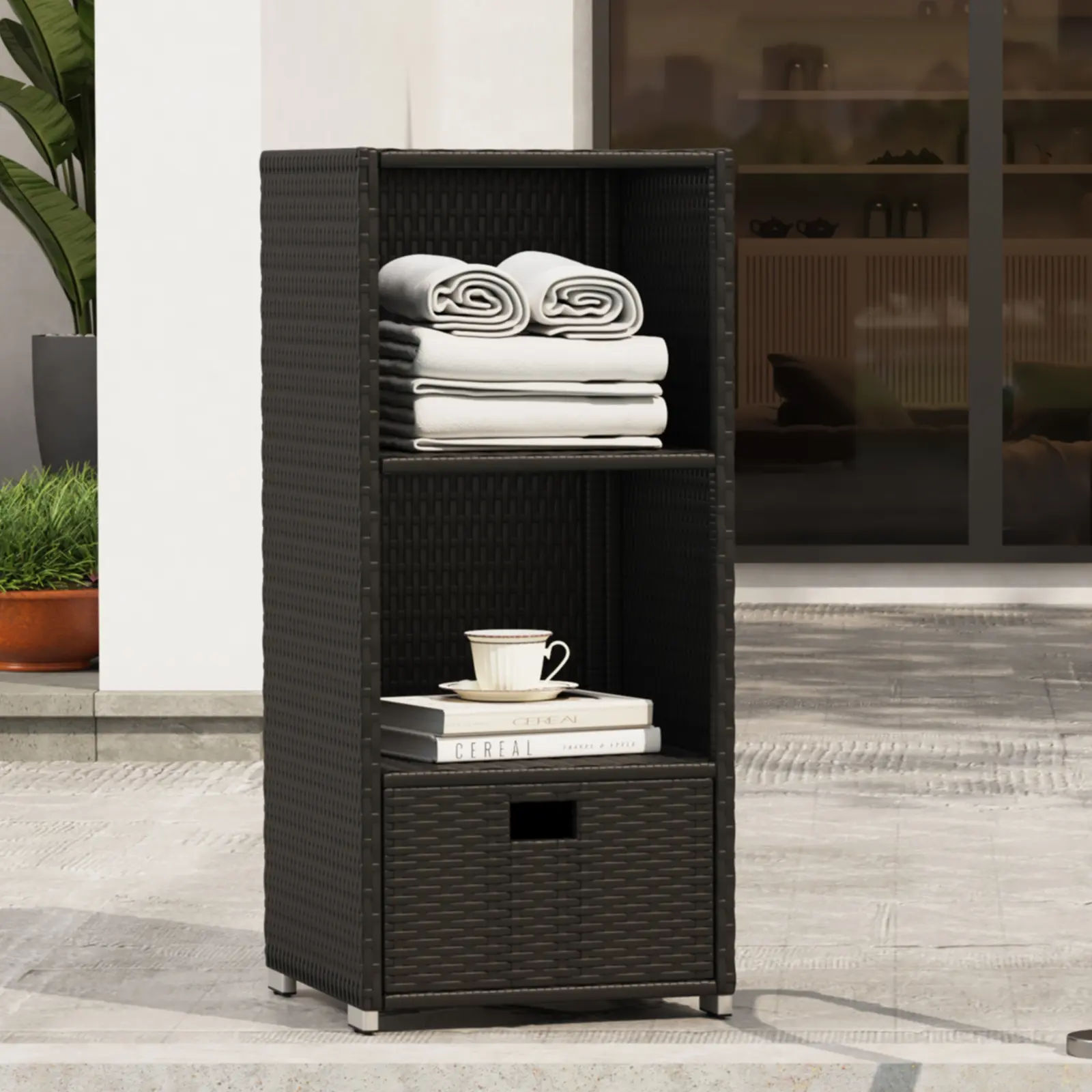 Rattan Outdoor Pool Towel Rack Cabinet - 45in/47in UV-Resistant Durable Wicker Organizer, 2-Layer Shelves, Black for Hot Tub Spa Accessories, Balcony Settings