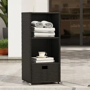 45in/47in Rattan Outdoor Pool Towel Rack Cabinet, Wicker Pool Storage Bins Storage Organizer, 2 Layer Shelf Hot Tub Spa Accessories, Black