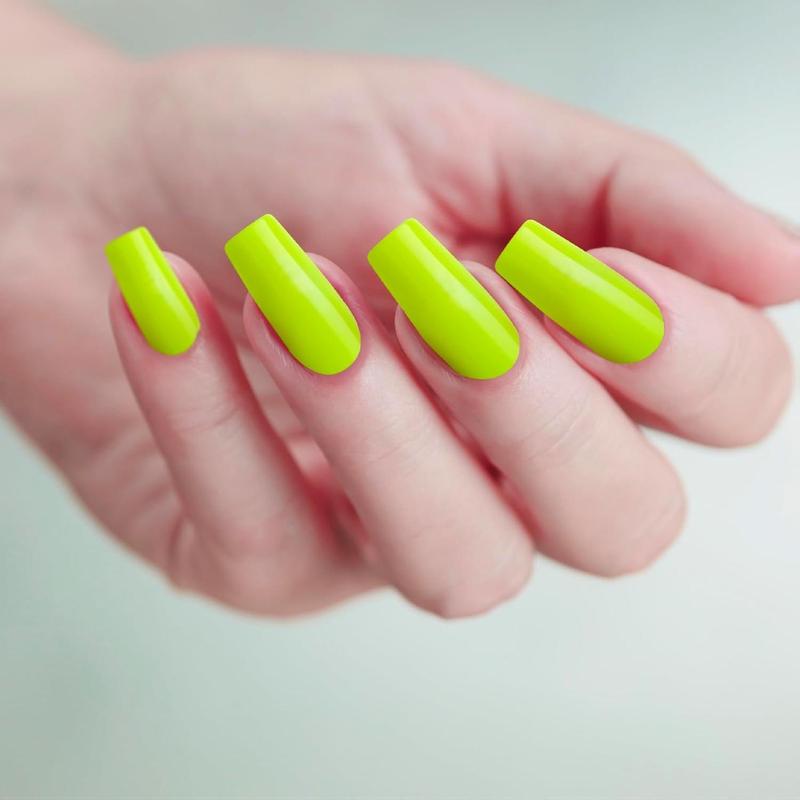 GoldFinger Neon Yellow Press On Nails Kit, Ready to Wear False Nails, Manicure Stick and Glue Included, Long Square Shape, Long-Lasting Hottest Trend Glue on Nails