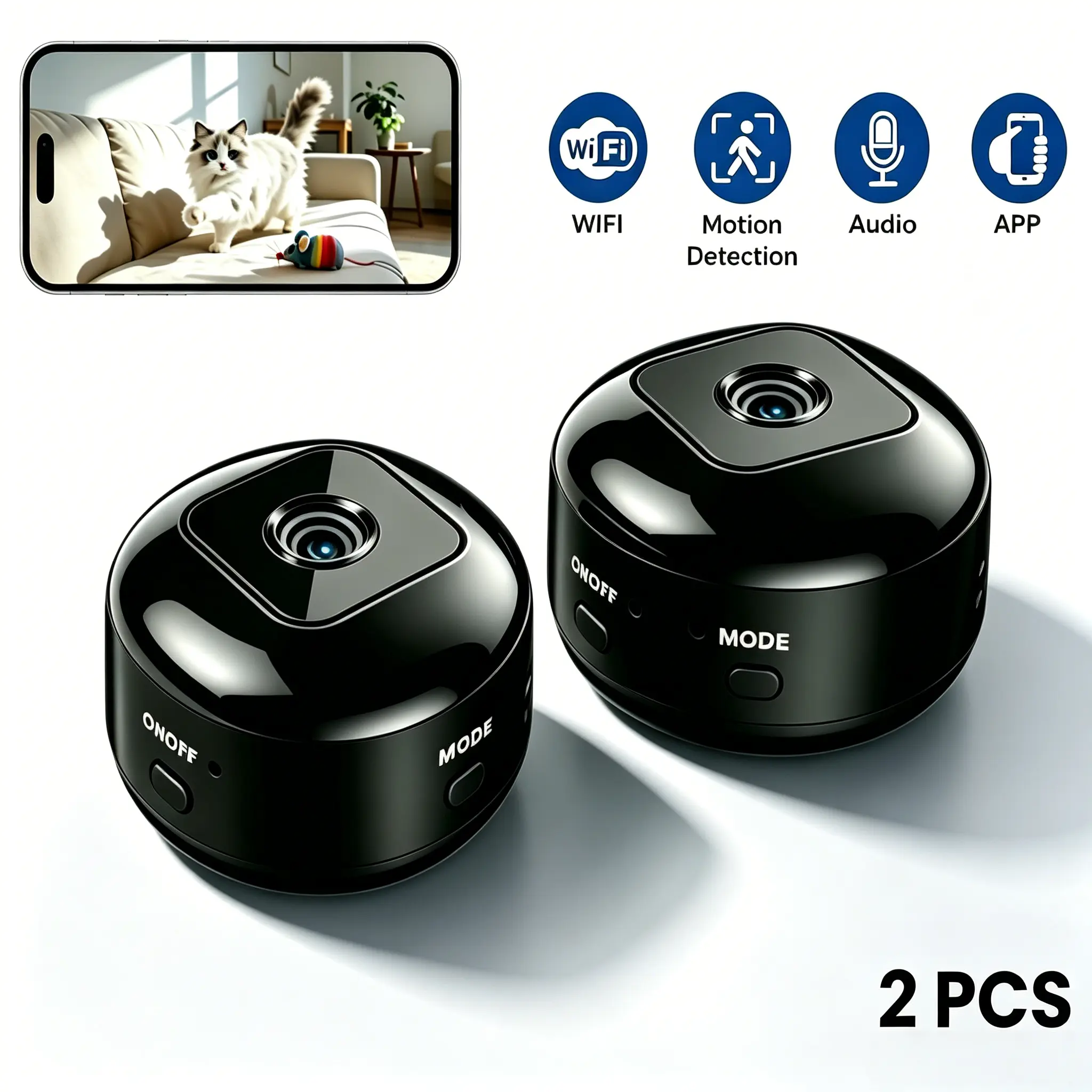 2PCS Mini Smart Home Security Camera - 2.4G WiFi Wireless Cam with Night Vision, Motion Detection, Phone App Live View, 360° Magnetic Mount, USB Plug Power, Memory via SD & Cloud Storage for Baby Pet Indoor Monitoring