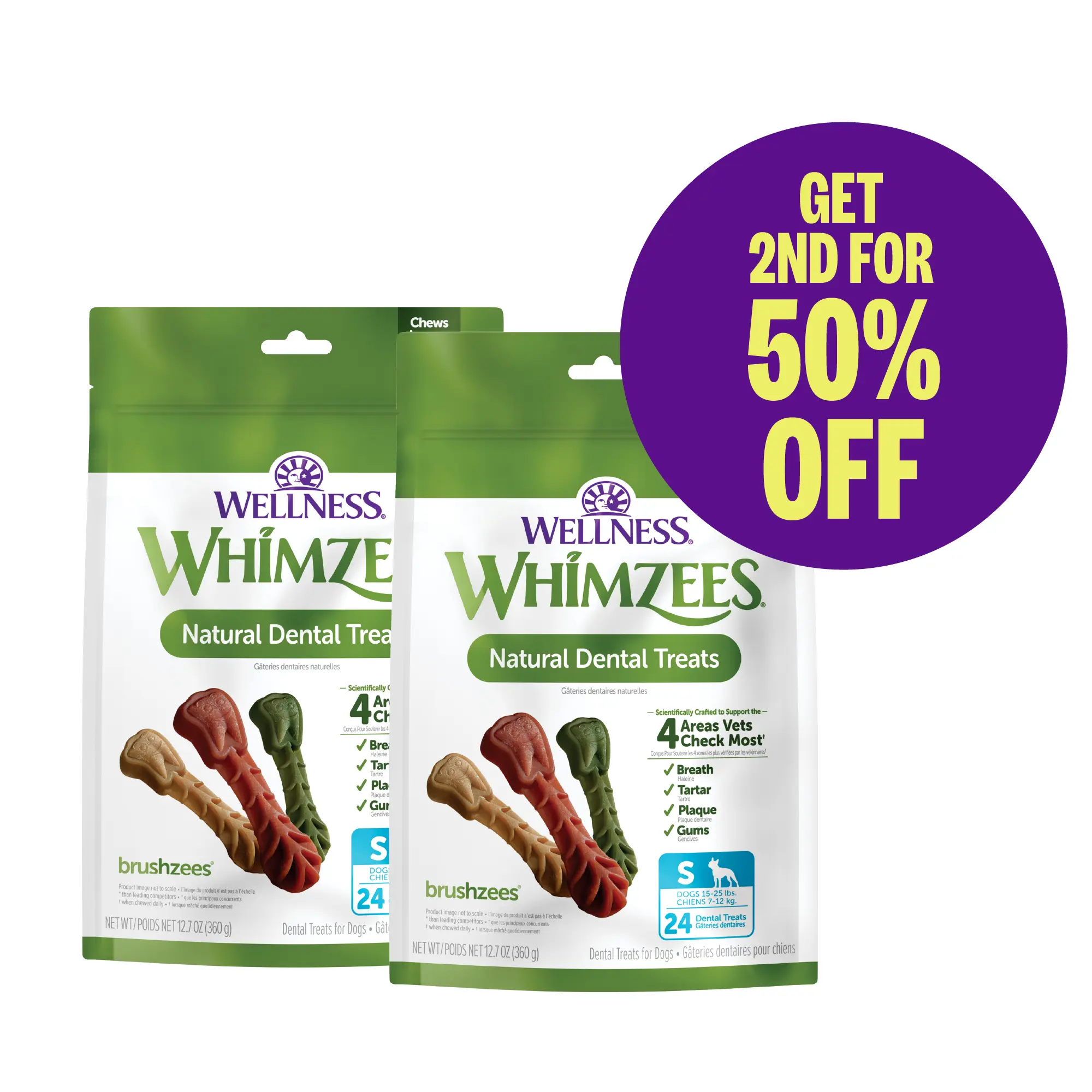 Wellness WHIMZEES Brushzees Small Dog Dental Treats, 24 Count Value Bundle, Buy 1 Get 50 Off 2nd Pack
