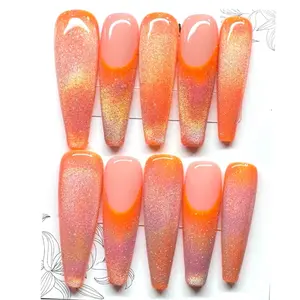 Tangerine Orange Rainbow Cateye French Design, Handmade Acrylic Press On Nails - 10 PCS, Custom Sizing Options, Vibrant Color