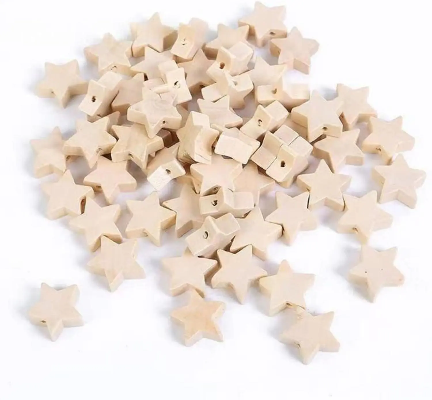 100 Pcs Pre-Drilled Star-Shaped Unfinished Natural Wood Loose Spacer Beads with Wood Grain Patterns, Easy Stringing, Customizable via Paint/Stain/Finishes for DIY Jewelry Making, Craft Projects