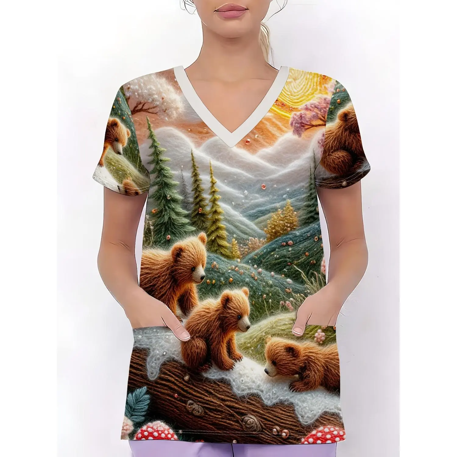 Elegant Women's Work Uniforms & Caregiver Apparel with Professional Style, Crafted from Breathable, Skin-Friendly Fabric. V-Neck Design Highlights a Cozy Forest Scene with Three Bears on a Log, Surrounded by Red and White Mushrooms.