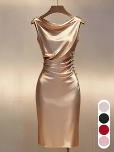 Summer Knit Satin Dress, Champagne Color, Halter Neck, Sleeveless, Waist Cinch, Slim, Midi Length, Pleated Design, Button Detail, Evening Gown, Ffsp2640