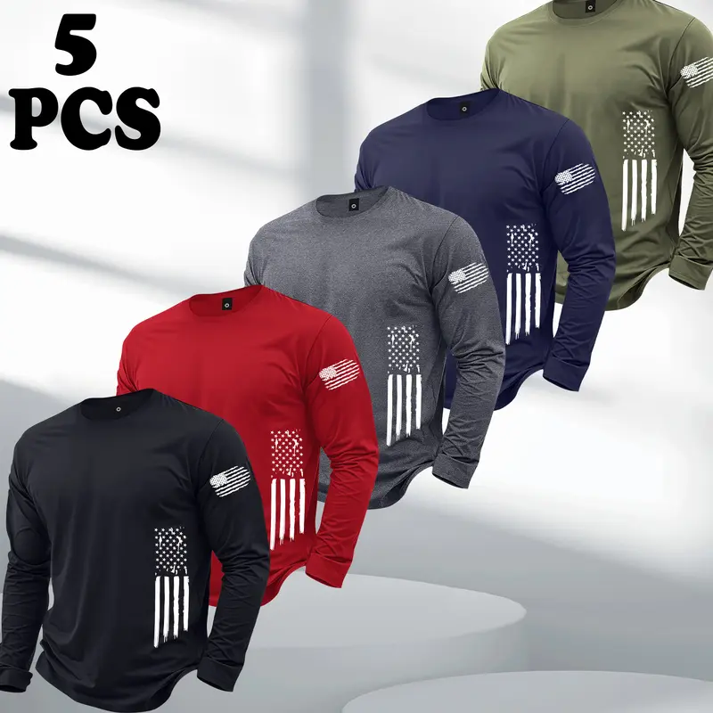 Men's 5-Piece Crew Neck Sporty Chic Long-Sleeve T-Shirts Set - Fitted Cut, American Street Style Flag Pattern, All-Seasons Athletic Training Apparel, Ideal Boyfriend Gift