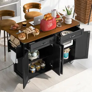 53.5" Farmhouse Kitchen Island with Power Outlet & Drop Leaf, Rolling Storage Cart with Spice Rack & Drawer, Mobile Kitchen Counter for Home, Kitchen & Dining Room