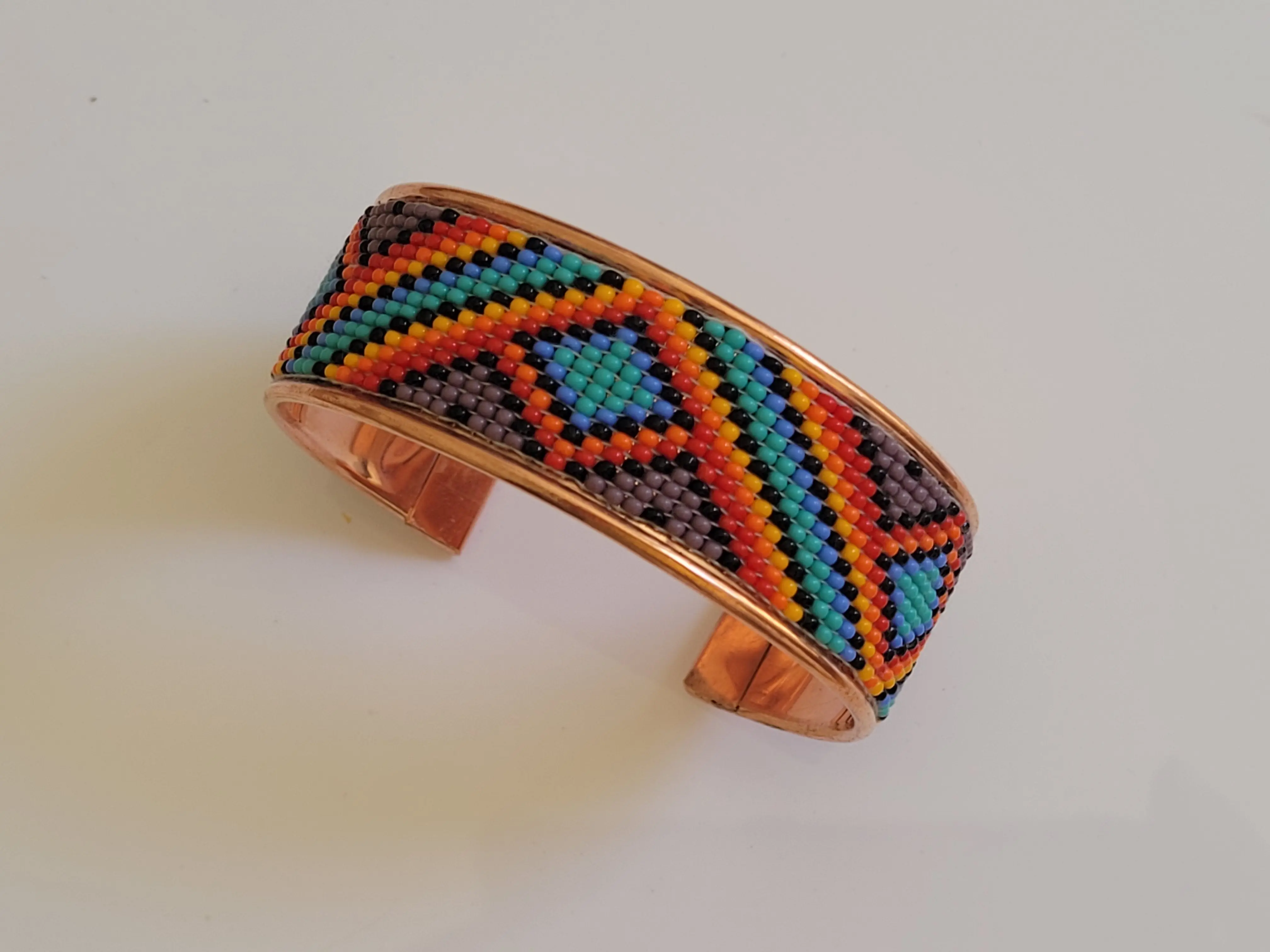 Native American Style Copper Seed Beaded Adjustable Bracelet Colorful Handcrafted Healing Copper Cuff 7.25" Length 1" Width