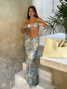 Random Print Spaghetti Strap Bikini, Elegant Swimwear for Summer Beachwear