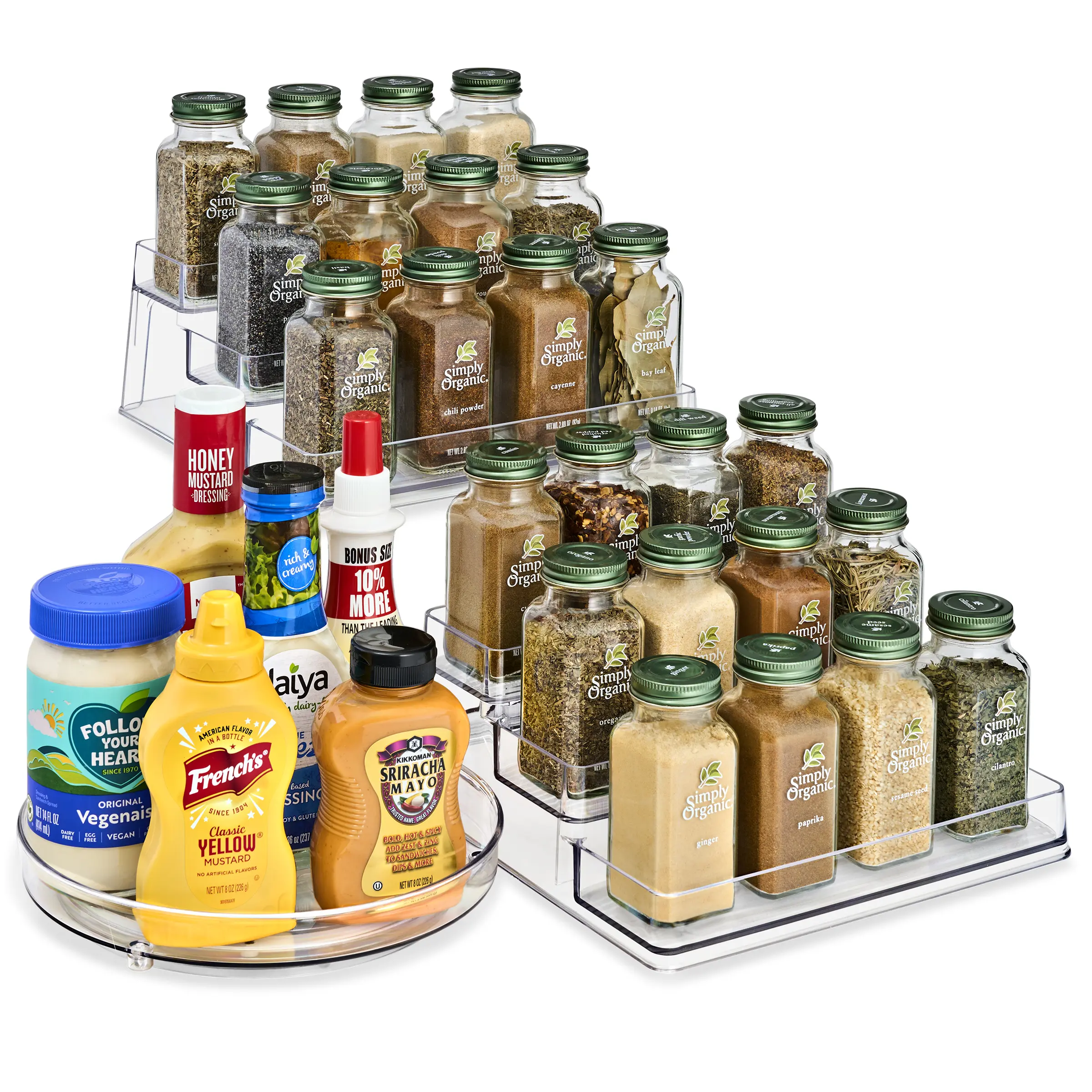 Sorbus Acrylic Condiment Rack Set - 2-Pack Rectangle 3-Tier Cabinet-Rack + 9-Inch Lazy Susan Turntable for Kitchen Cabinet, Baking Supplies, Beauty Storage