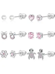 Sweet 6 Pairs Silvery Shining Ear Studs Pink Hypoallergenic Screw Back Stainless Steel Earrings for Women Men Sparkling CZ Zirconia Inlaid Heart Flower Turtle Stud Earrings Set Heart Shaped Earrings