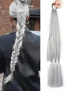 Long Braided Ponytail Extension with Scrunchie, Wrap-Around Straight Hair, Grey & Brown Options, 26inch/30inch/34inch, Natural Soft Synthetic Hair for Women, Versatile Styles, Perfect for Christmas, New Year, Carnival, Music Festivals.