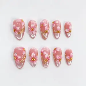 3D Pink flower nails/press on nails long almond nails/Spring Nails/Glitter Cat Eye French Nails