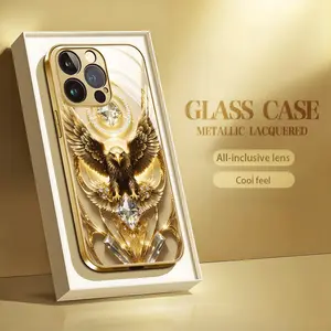 Creative Eagle Pattern Flash Diamond Tempered Glass Metal Paint Phone Case For iPhone 17 16 15 14 13 12 11 17Air Mini Pro ProMax Plus XR X XS XSMAX Gold Luxury Anti-drop Protective Cover for Men and Women