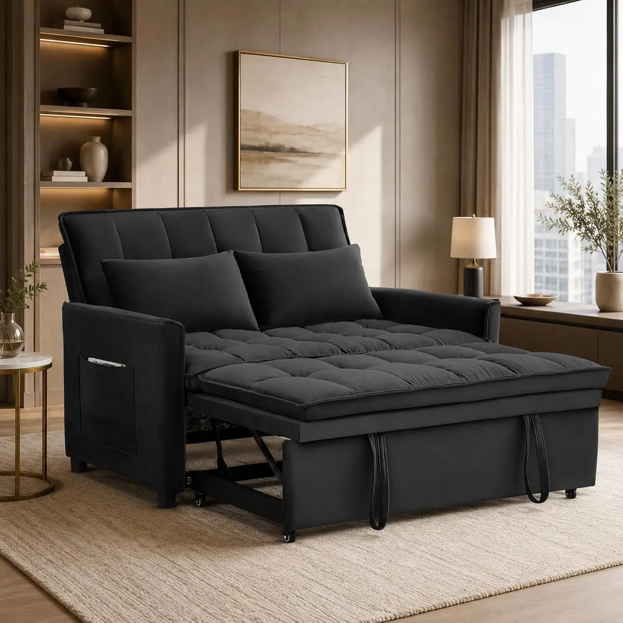 50.3" Convertible Sleeper Sofa Bed, 5-Position Adjustable Loveseat Couch with Pull-Out Bed & Side Storage Pocket,  3-in-1 Velvet Sofa Bed for Small Spaces, Apartment, Living Room,Black
