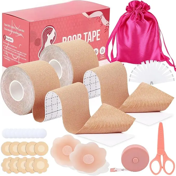 Boob Tape Kit, For Breast Lift, 2 Body Tape, 4 PCs Silicone Breast Petals, 20 PCs Satin Nipple Stickers, 36 PCs Double Sided Tape