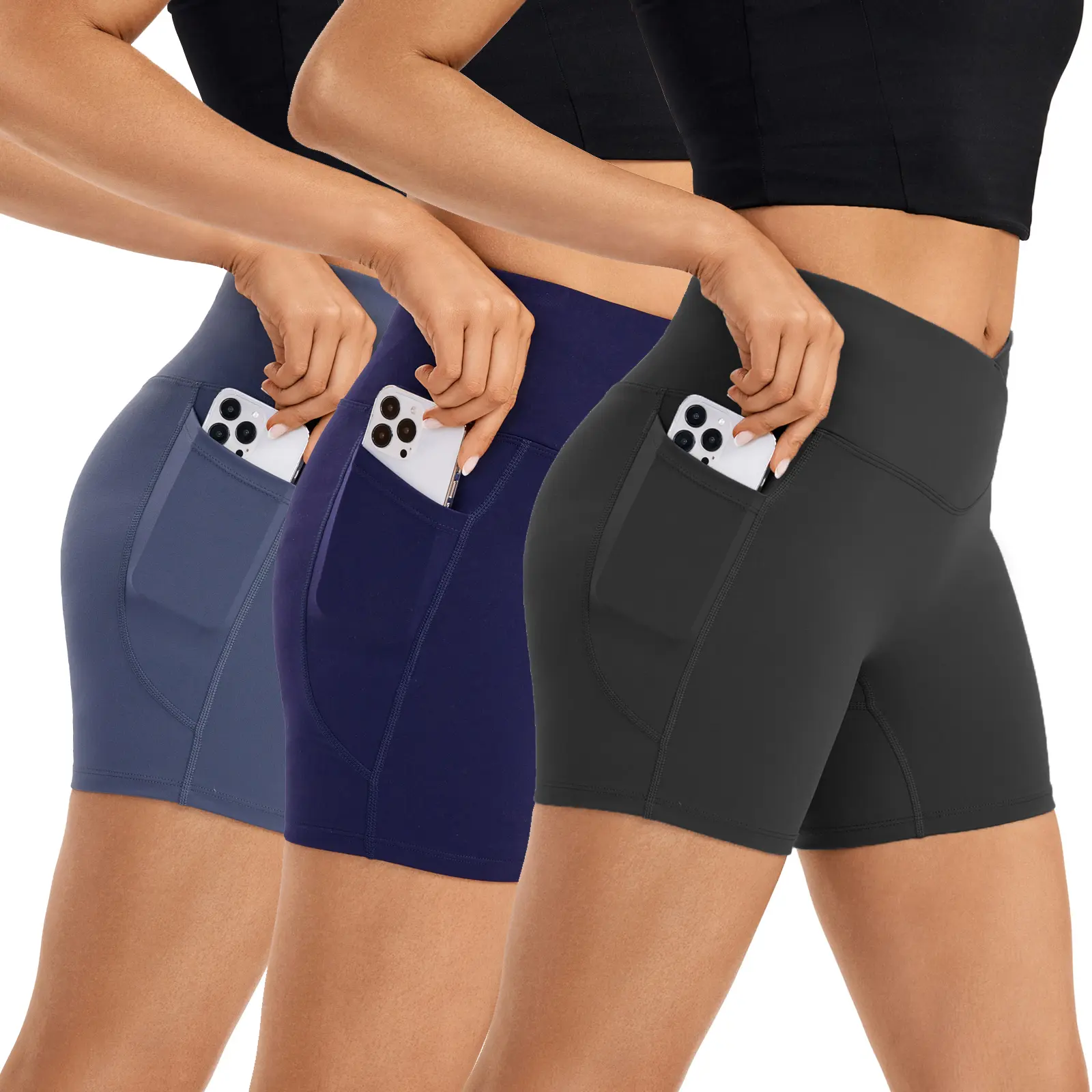 3Pcs High Waist Cross Waist Yoga Workout Shorts With Pocket Women's Activewear for Running Fitness Sports Biker Summer Activewear Hip Lifting Athletic Workout Shorts for Running Yoga and Sports Cute Soft and Comfy