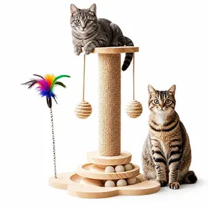 Multi-Level Cat Scratching Post with Toys – Sisal Scratcher, Ball Track & Feather Toy for Indoor Cats