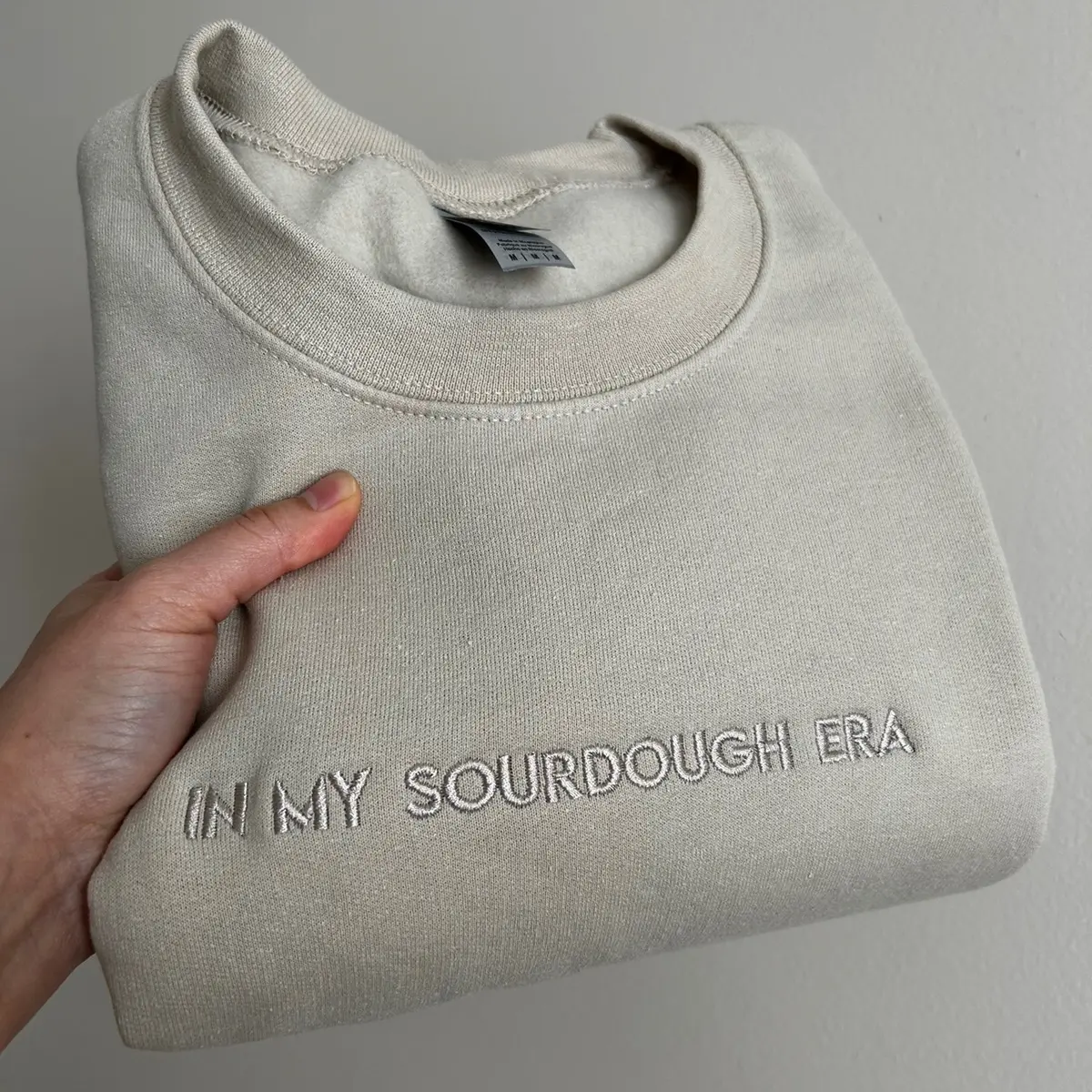 Embroidered “in my sourdough era” trendy and minimalist monochromatic crewneck neutral