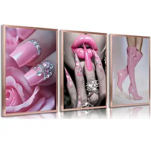 3pcs/set Frameless Dreamy lips and pink nails canvas print Posters, Modern charming Wall arts decoration painting, Dopamine Decor