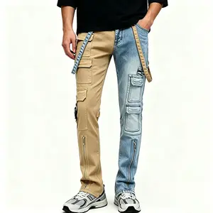 Men’s straight-leg loose cargo jeans with contrast zipper design, non-stretch fabric, comfortable and durable, stylish multifunctional pocket denim long pants, men’s plus sizes Casual Beige