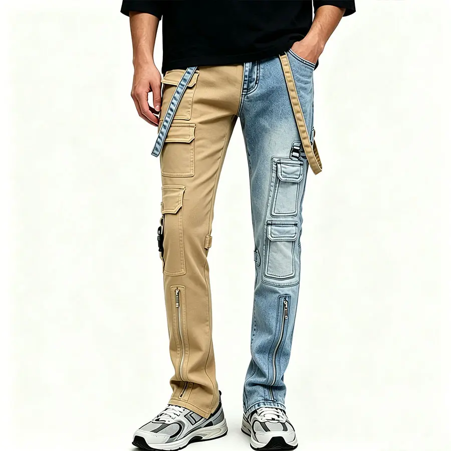 Men’s straight-leg loose cargo jeans with contrast zipper design, non-stretch fabric, comfortable and durable, stylish multifunctional pocket denim long pants, men’s plus sizes Casual Beige