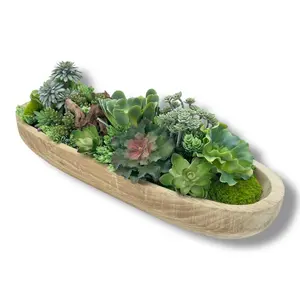 Succulent Design in Natural Elongated Wood Vase | Faux Succulent and Floral Arrangement | Arranged Succulents for Table Centerpiece and Gifts