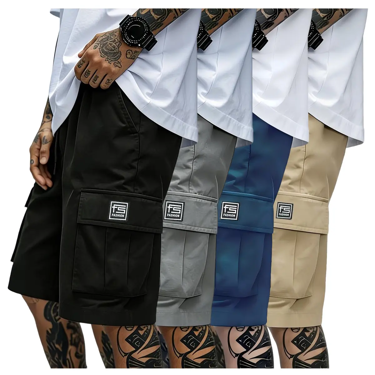 Men’s 4-Pack Cargo Shorts - Grand Opening Special, Slightly Stretch Fabric, Cargo Pockets, Minimalist Sporty Athletic Chic Casual Bottoms, Machine Washable, Military Green+Gray+Blue+Black, Length=USA Size M (32), Everyday Essential