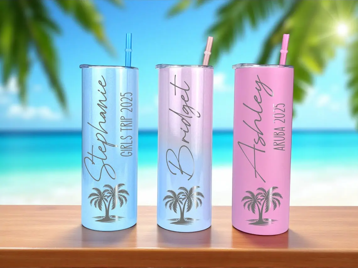 Personalized Vacation Cups, Engraved Beach Tumblers, Custom Cups with Name, Skinny Tumbler with Name, Engraved Cup, Cruise Cups