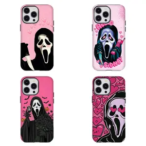 4 Styles Pink Ghost Face Phone Case Cute Creepy Kawaii Scream Movie Aesthetic Compatible for iPhone 17 16 15 14 13 12 11 and for Samsung S21-S25 Perfect Gift for Horror Movie Fans