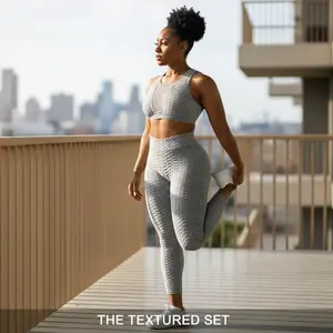 Silver Honeycomb Textured Activewear Set - Mesh V-Front Sports Bra & High Waist Butt-Lifting Leggings
