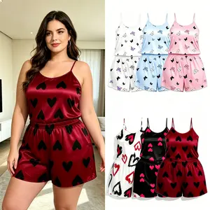Pajama Set，Women 3 Sets Butterfly Print Camisole Pajamas, Soft Polyester Sleeveless Tank Top & Elastic Waist Shorts Loungewear Sleepwear，Butterfly Print 3-piece Pajama Set，Heart Print 3-piece Pajama Set
