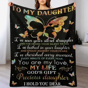"To My Daughter" Butterfly Quote Blanket, Inspirational Love Message Throw, Perfect Gift for Daughter from Mom/Dad, Soft Flannel Fleece Blanket