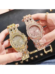 Trendy Starry Sky Watch Rose gold dial, octagonal compass-shaped bezel, rose gold strap, diamond-studded watch for men and women