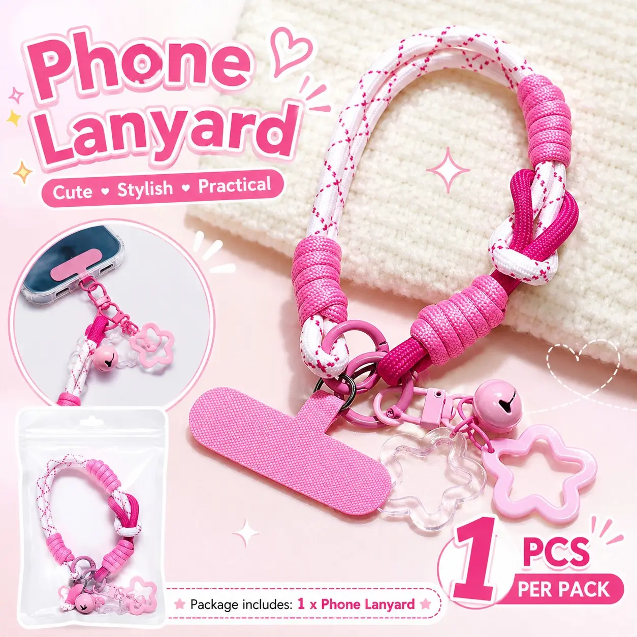Braided Anti-Loss Cute Short Phone Strap, Color-Blocked Design, Star & Bell Charm, Durable Material, Perfect for Daily Use