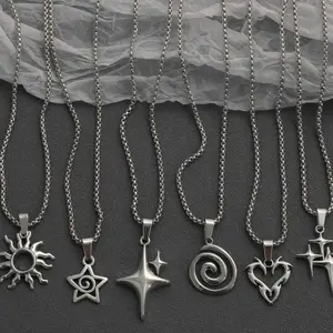 6 Piece Set Y2K Flame Heart Star Spiral Sun Pendant Necklace, Stainless Steel Chain, Punk Simple Unisex Couple Jewelry for Daily Party, Fashionable Jewelry Accessories, Cross Pendant,summervibes