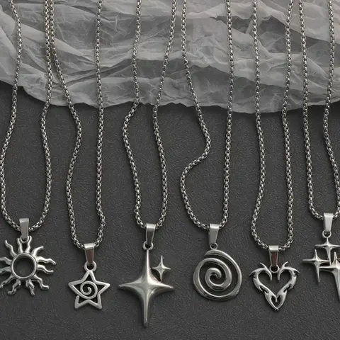 Unisex 6-Piece Y2K Stainless Steel Chain Necklace Set - Flame, Heart, Star, Spiral, Sun, Cross Pendants, Alternative Accessories, Alt Fashion Necklaces, Couple Jewelry for Daily, Beach, Party, Women's Fashion Accessories