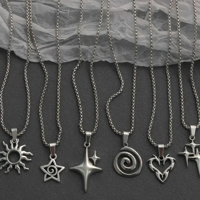 Unisex 6-Piece Y2K Stainless Steel Chain Necklace Set - Flame, Heart, Star, Spiral, Sun, Cross Pendants, Alternative Accessories, Alt Fashion Necklaces, Couple Jewelry for Daily, Beach, Party, Women's Fashion Accessories