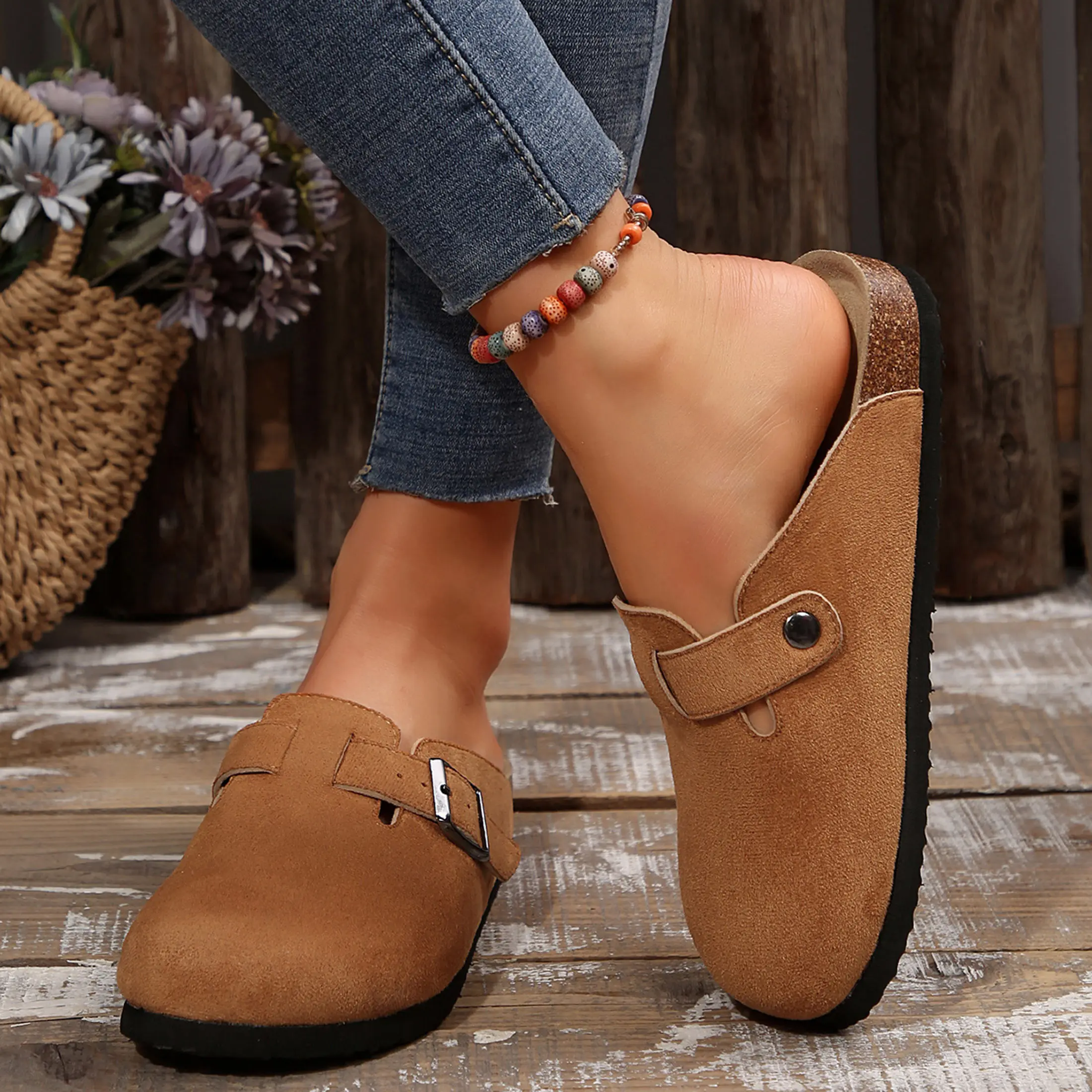 Women's Sandals Slip-on Potato Shoes Footbed Suede Cork Platform Slippers and Mules Potato Shoes Brown