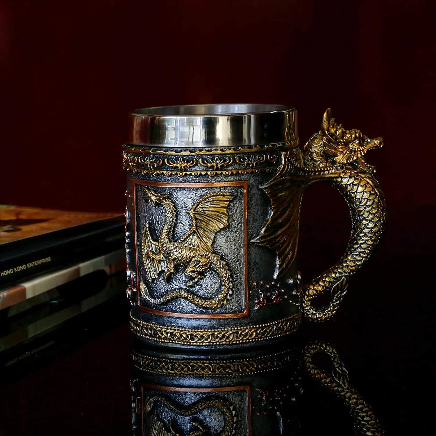 Alikiki 15.8oz Stainless Steel Medieval D&D Roaring Dragon Cup - Gold Character Theme Coffee Drinkware, Ideal Gothic Gift for GOT Lovers, Novelty Collectors Item